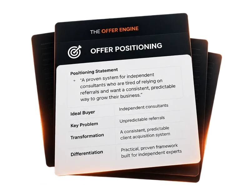 Example offer positioning worksheet identifying the buyer, problem, result, and differentiation